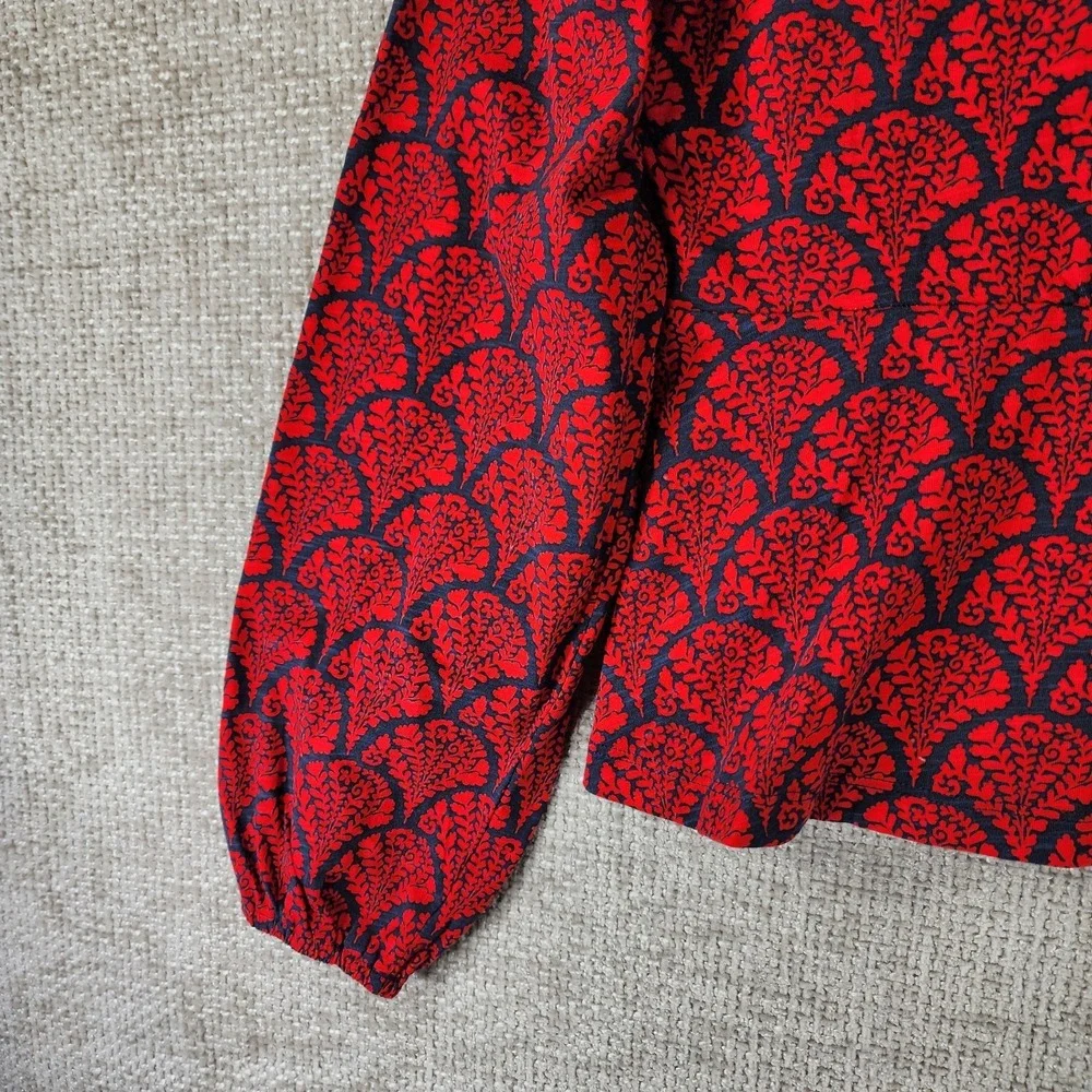 Boden 100% Cotton Peplum‎ Top Womens 8 Red Blue Floral Fans Long Sleeve EUC